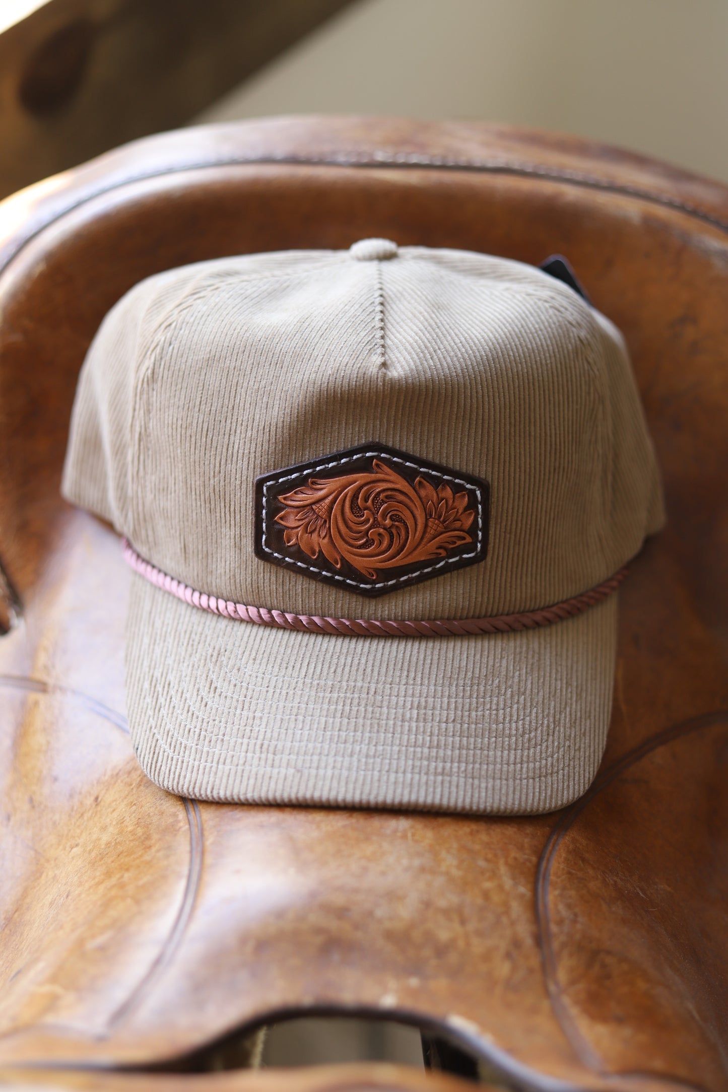 Latte Brown Corduroy Rope Hat - Tooled Leather Patch
