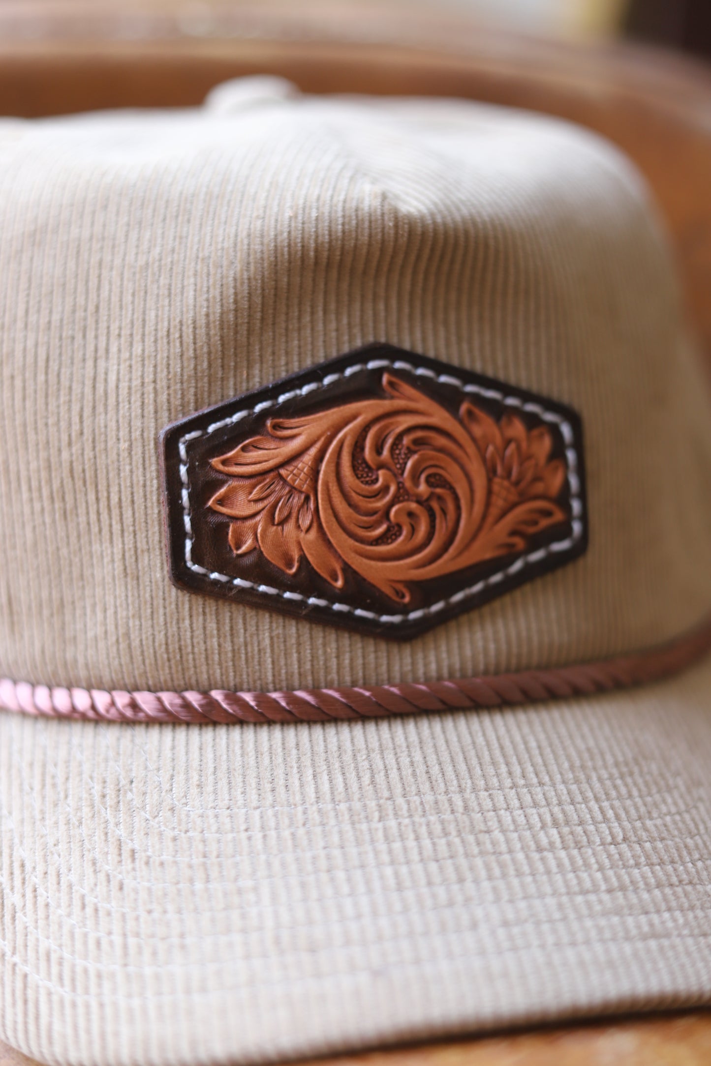 Latte Brown Corduroy Rope Hat - Tooled Leather Patch