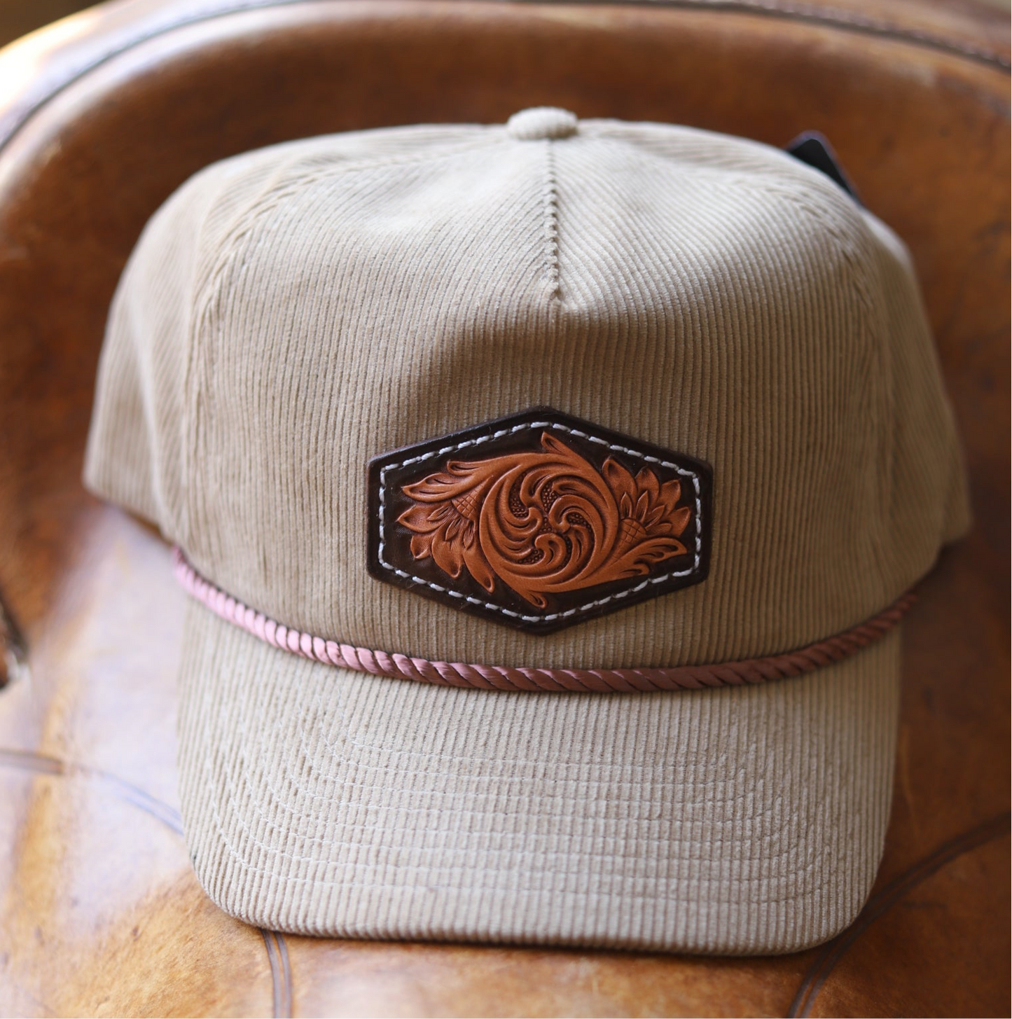 Latte Brown Corduroy Rope Hat - Tooled Leather Patch