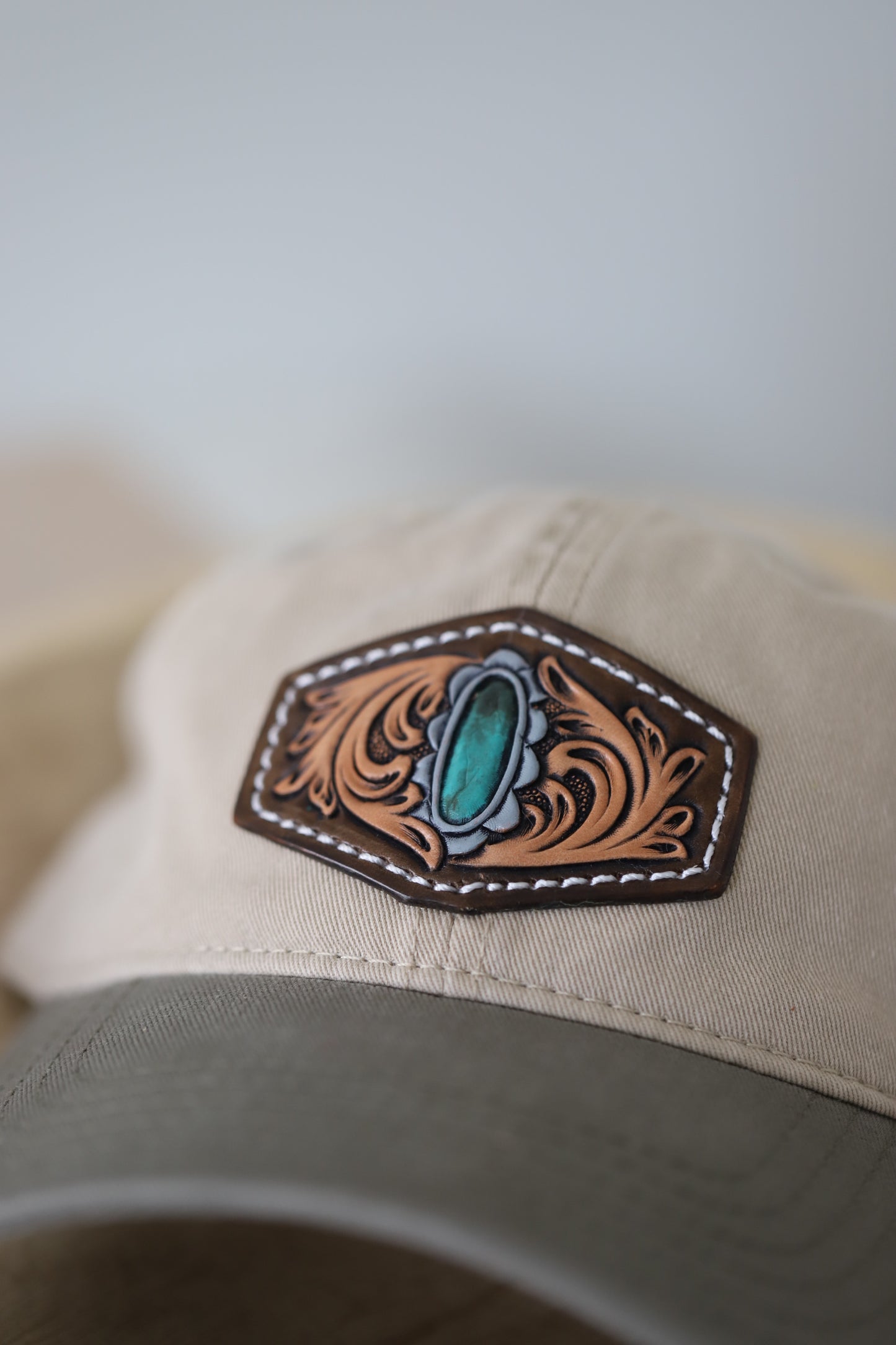 Turquoise Tooled and Painted Leather Patch on a - Low Profile Dad Hat Relaxed 100% Cotton Cap