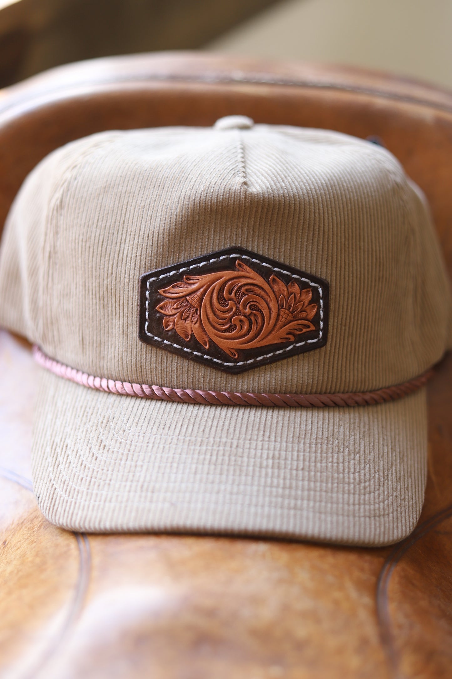Latte Brown Corduroy Rope Hat - Tooled Leather Patch