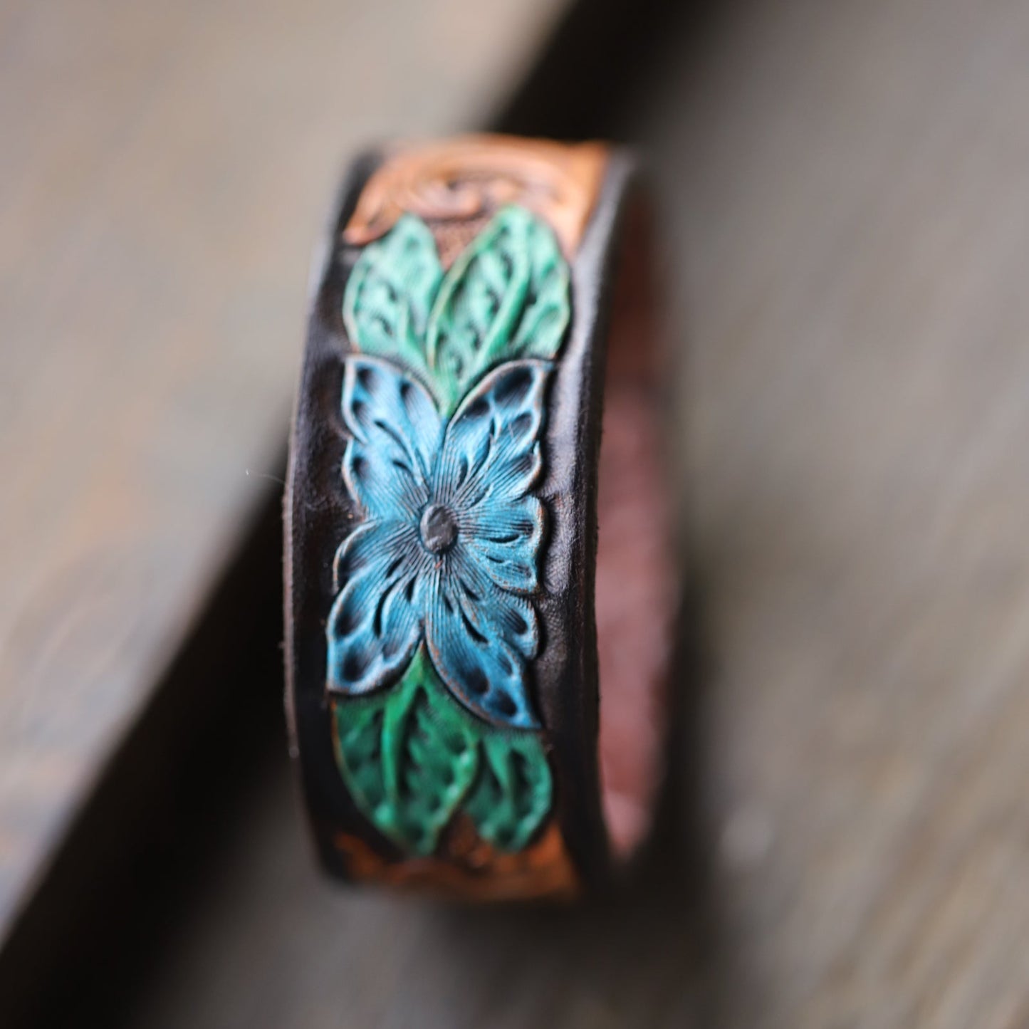 Reservable Blue Flower Leather Cuff Bracelet