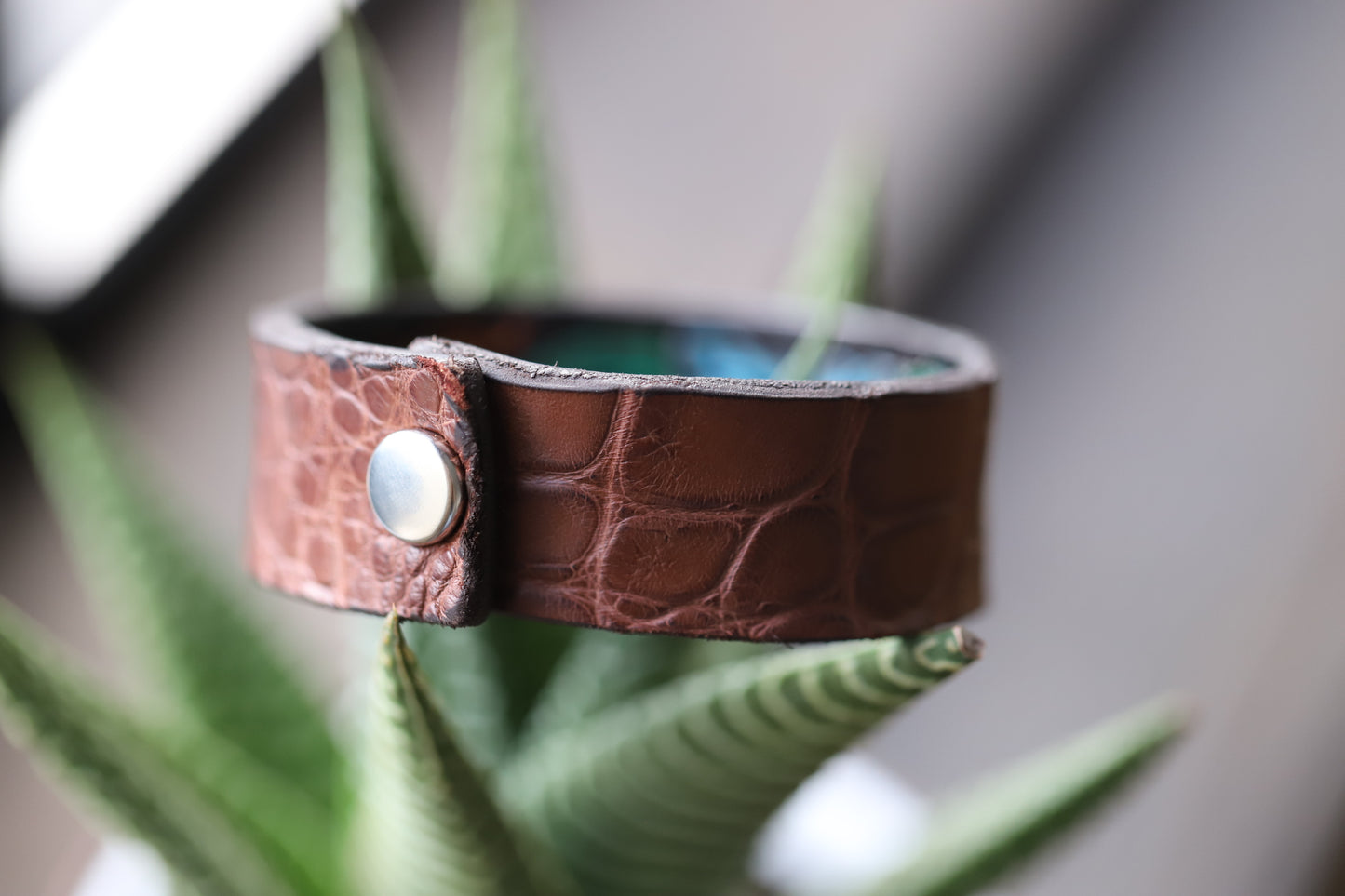 Reservable Blue Flower Leather Cuff Bracelet