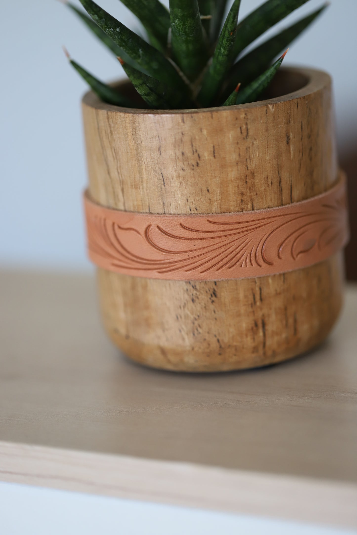 Wooden Succulent Pot with Leather Carved Wrap
