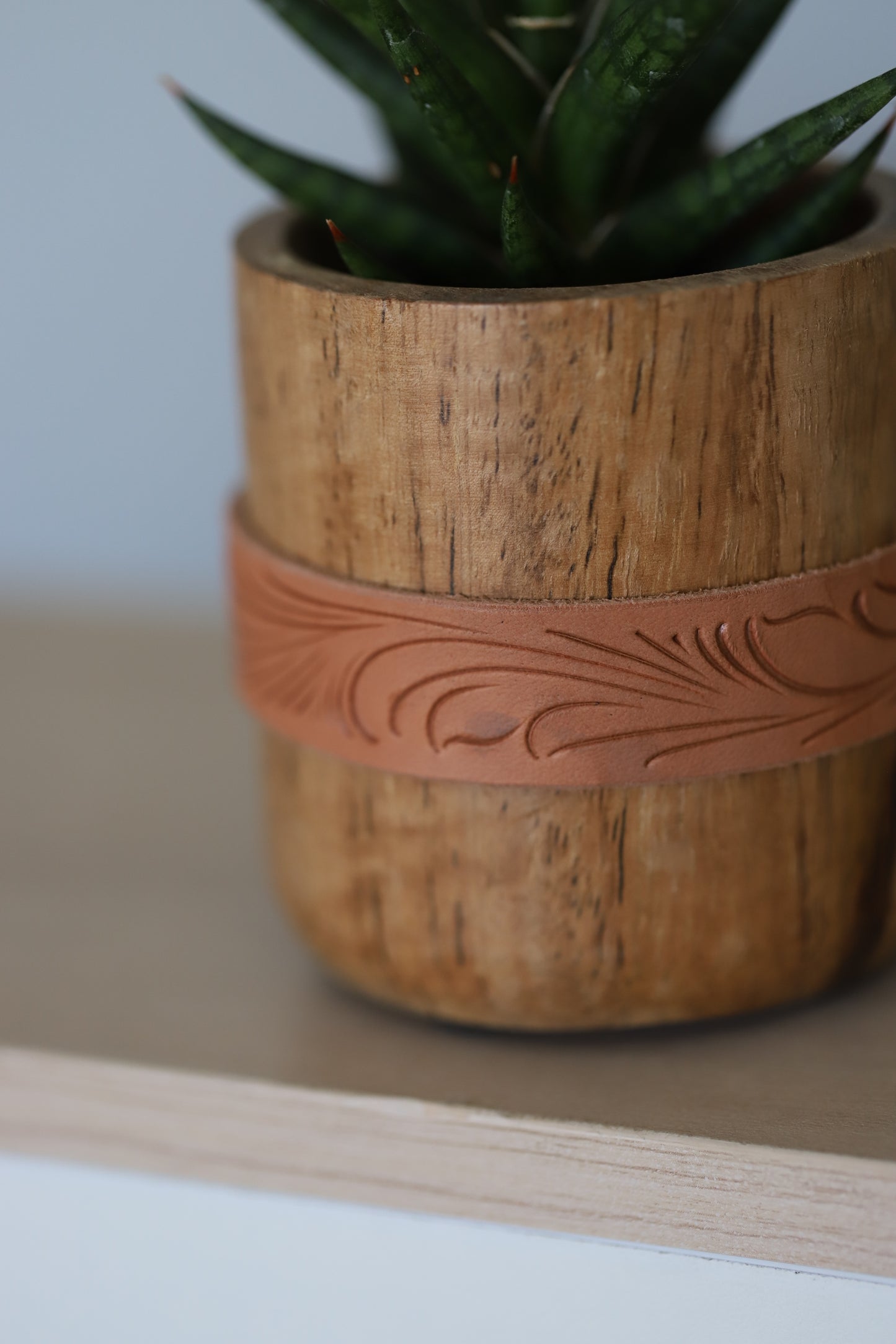 Wooden Succulent Pot with Leather Carved Wrap