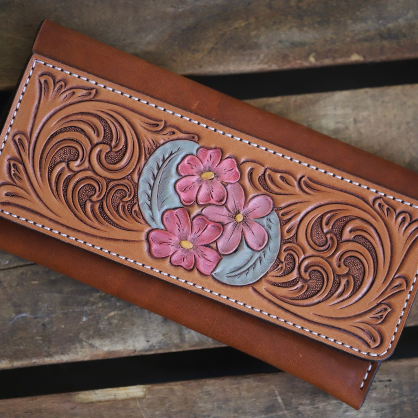 Pink Petals - Floral Tooled Clutch