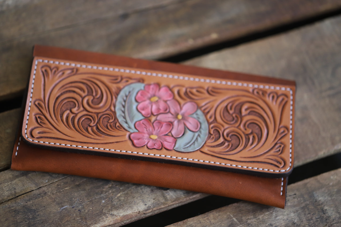 Pink Petals - Floral Tooled Clutch