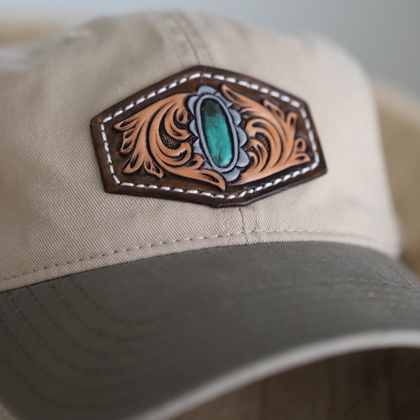 Turquoise Tooled and Painted Leather Patch on a - Low Profile Dad Hat Relaxed 100% Cotton Cap