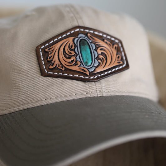 Turquoise Tooled and Painted Leather Patch on a - Low Profile Dad Hat Relaxed 100% Cotton Cap