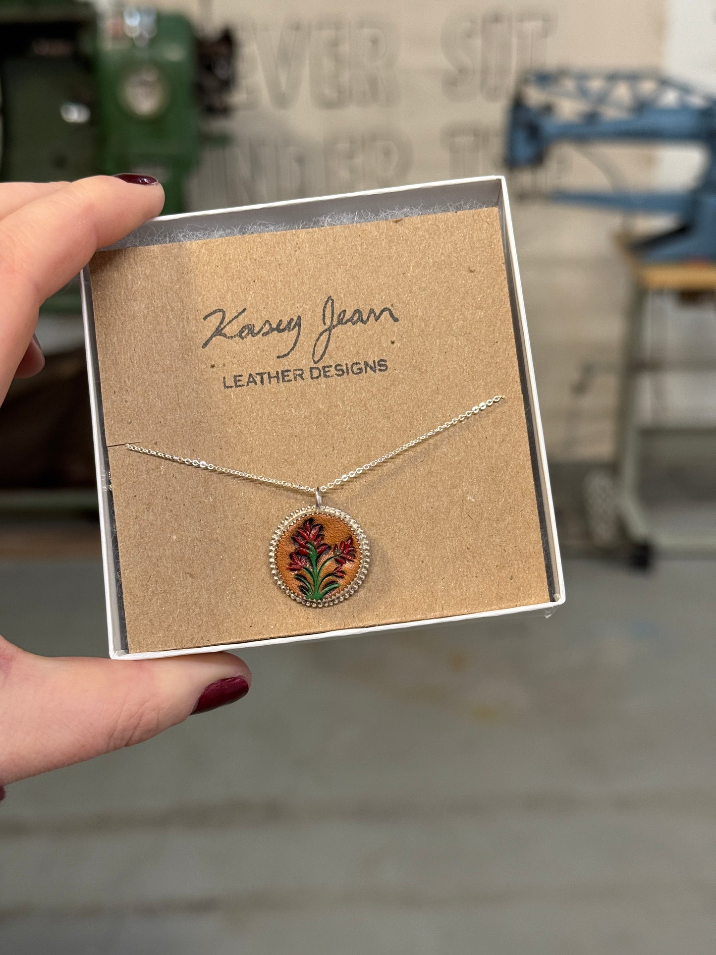 Silver Set Leather Pendant - With beaded border