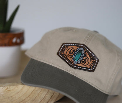 Turquoise Tooled and Painted Leather Patch on a - Low Profile Dad Hat Relaxed 100% Cotton Cap