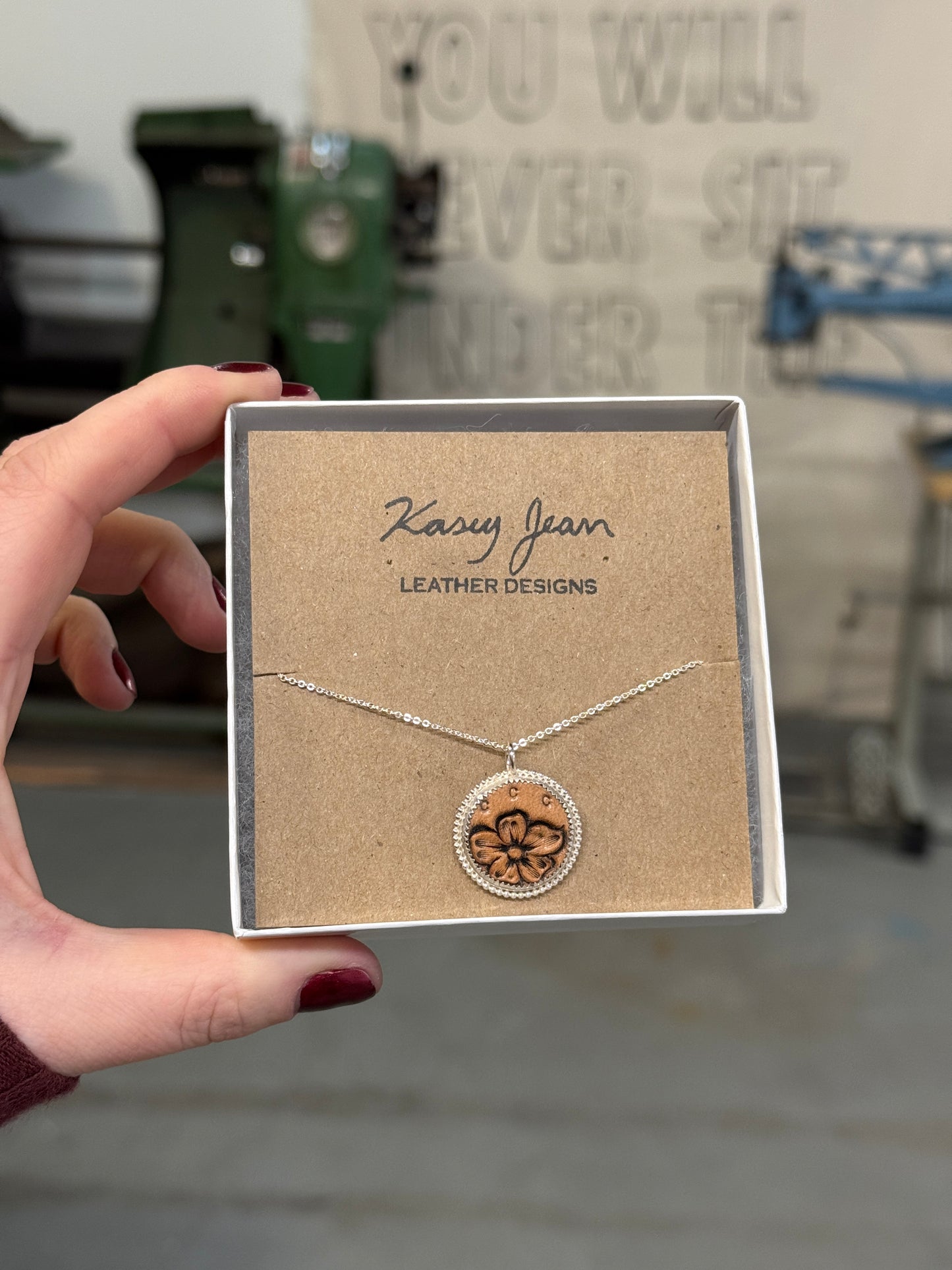 Silver Set Leather Pendant - With beaded border