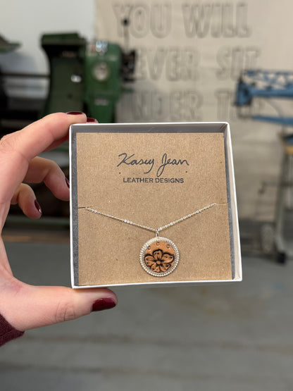 Silver Set Leather Pendant - With beaded border