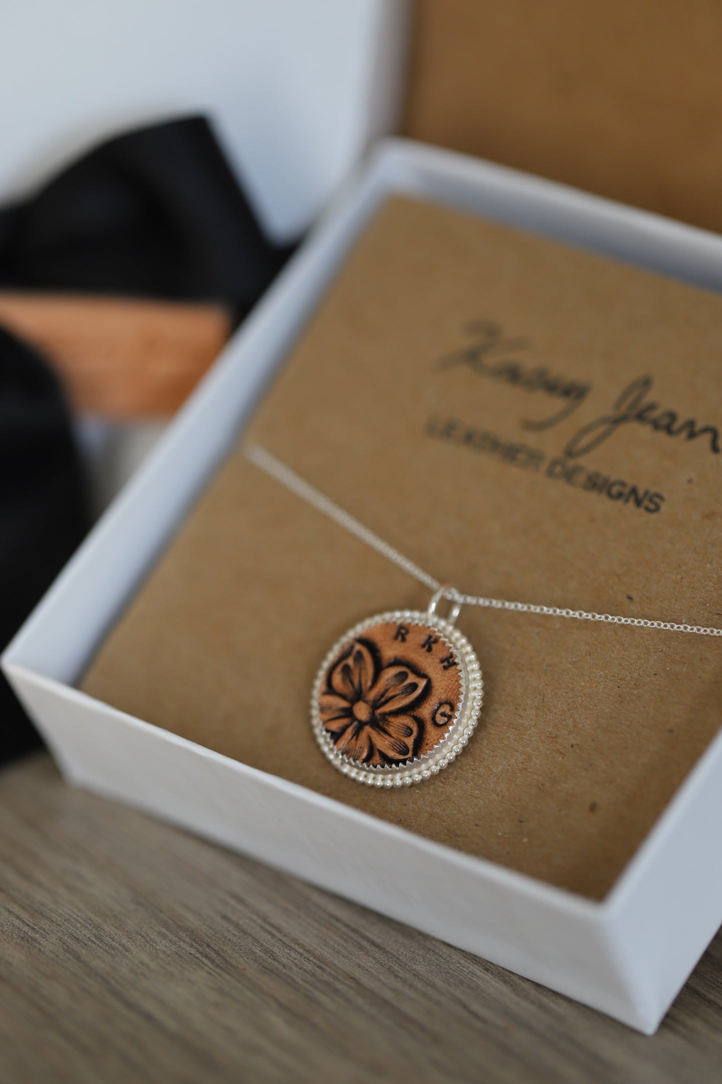 Silver Set Leather Pendant - With beaded border