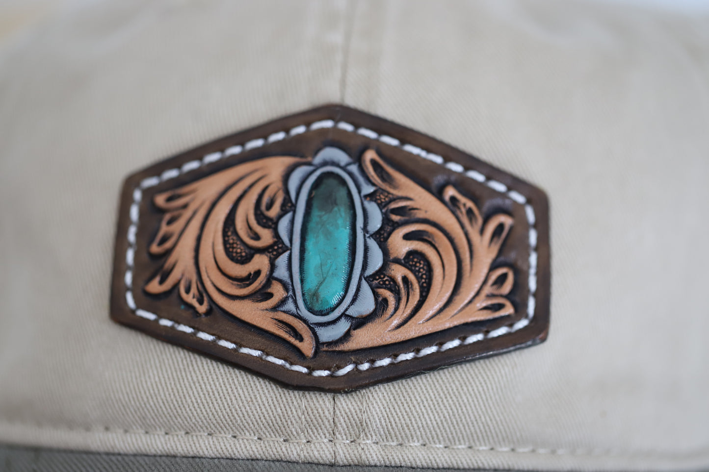 Turquoise Tooled and Painted Leather Patch on a - Low Profile Dad Hat Relaxed 100% Cotton Cap