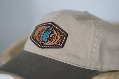 Turquoise Tooled and Painted Leather Patch on a - Low Profile Dad Hat Relaxed 100% Cotton Cap
