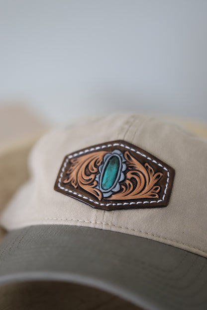 Turquoise Tooled and Painted Leather Patch on a - Low Profile Dad Hat Relaxed 100% Cotton Cap