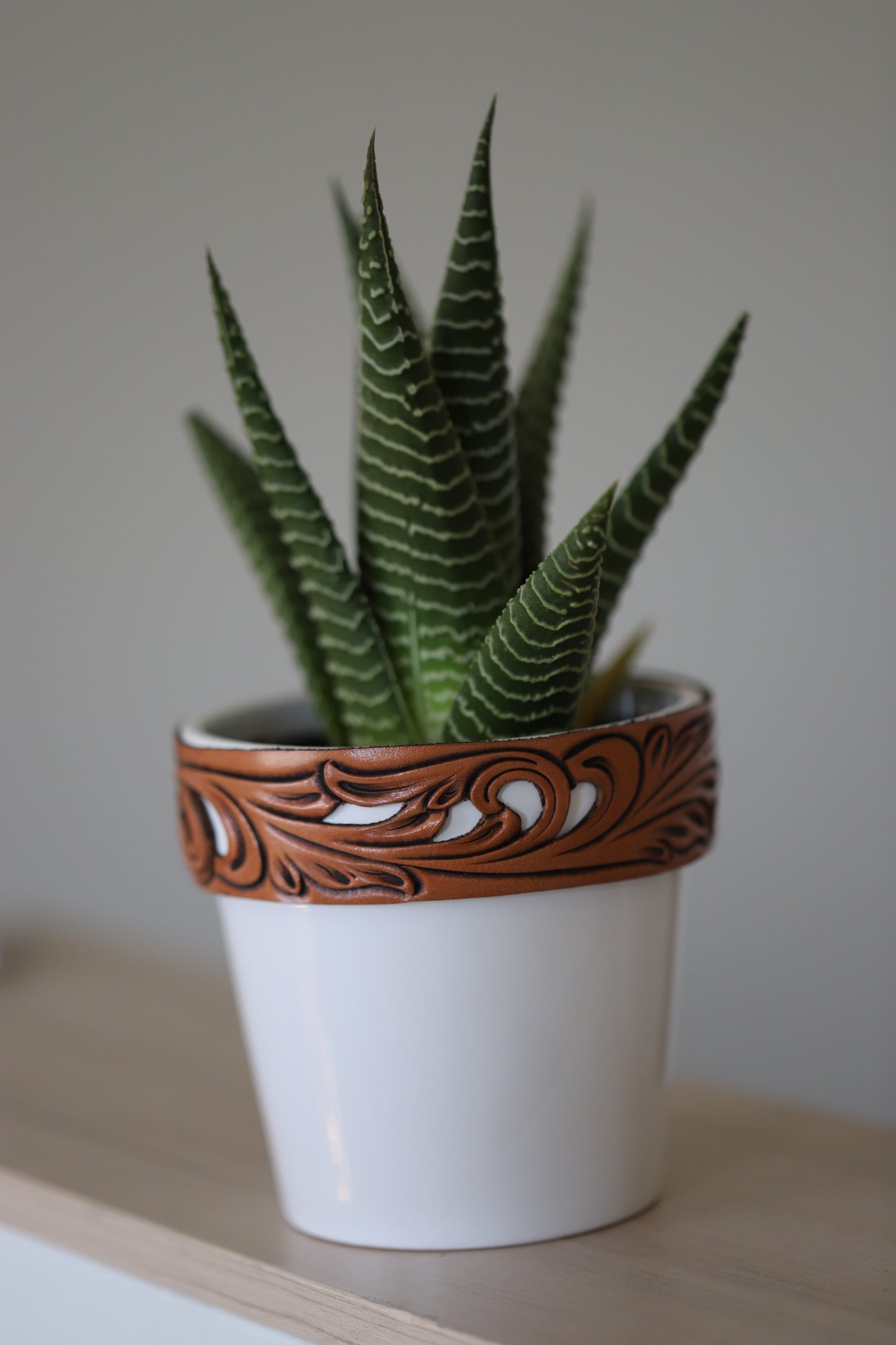 Ceramic Planter Pot with Leather Tooled Wrap