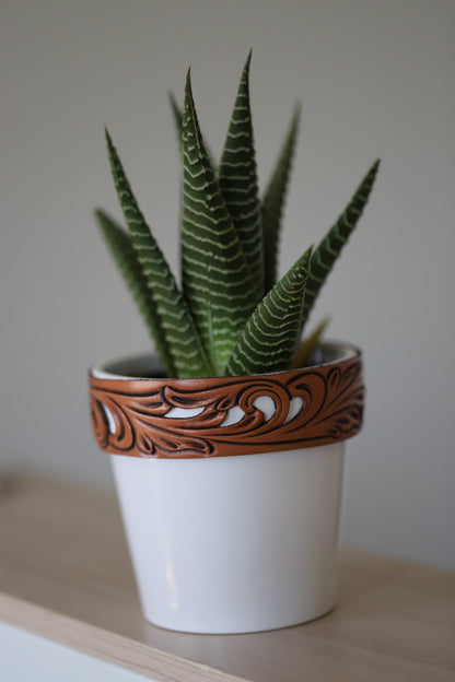 Ceramic Planter Pot with Leather Tooled Wrap