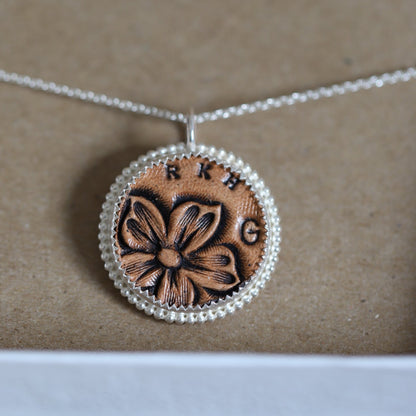 Silver Set Leather Pendant - With beaded border