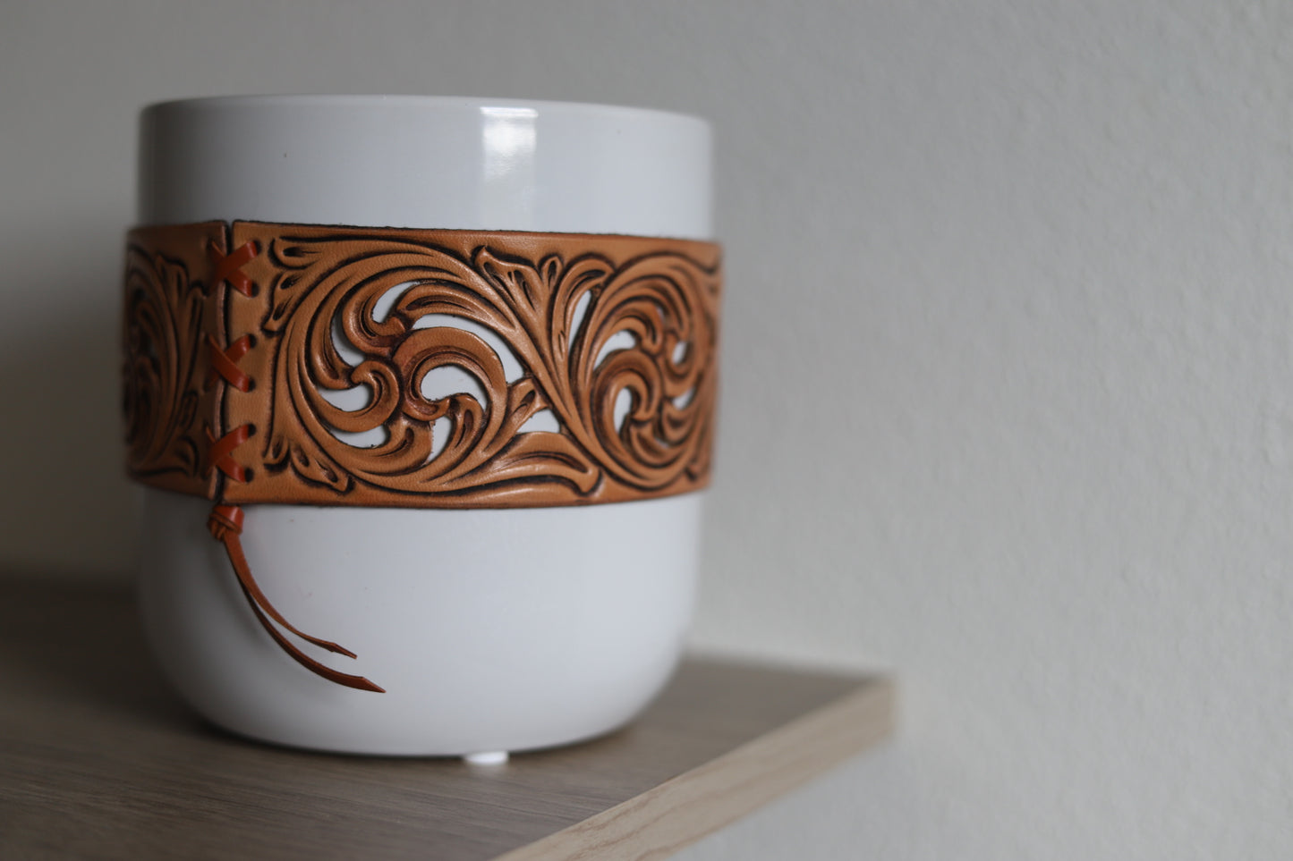 White Plant Pot with Tooled Leather Scrollwork Band