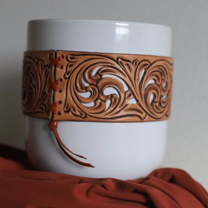 White Plant Pot with Tooled Leather Scrollwork Band