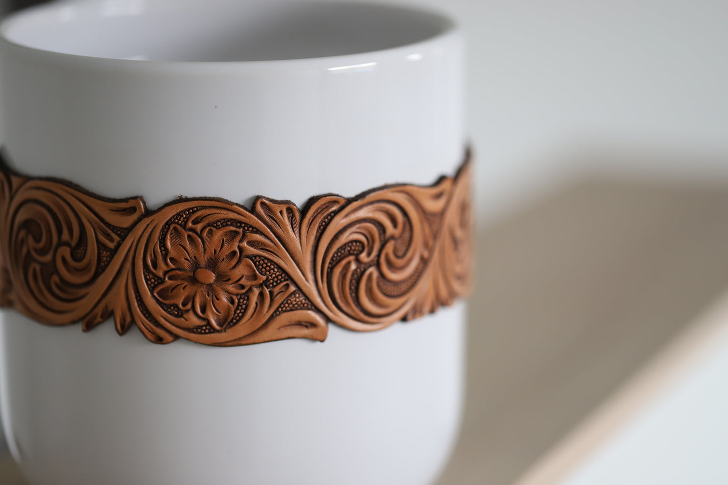 White Plant Pot with Floral Tooled Band