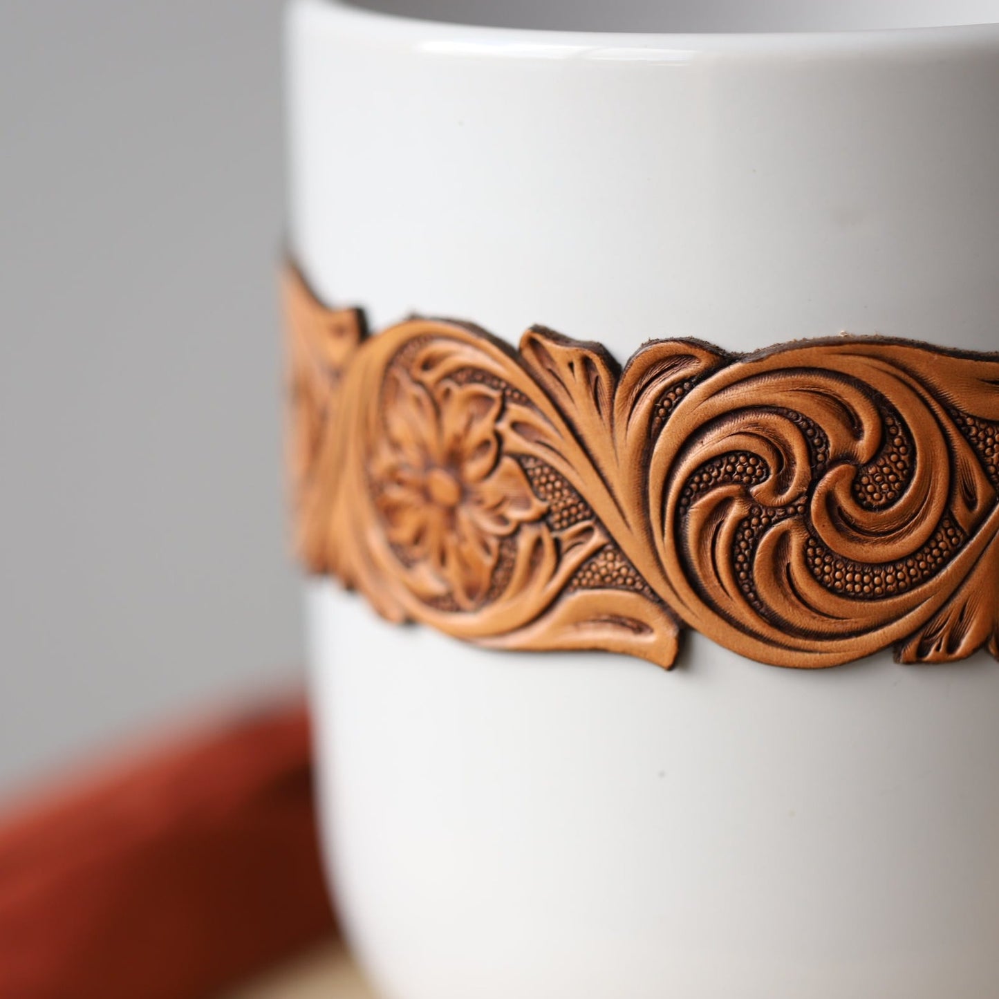 White Plant Pot with Floral Tooled Band