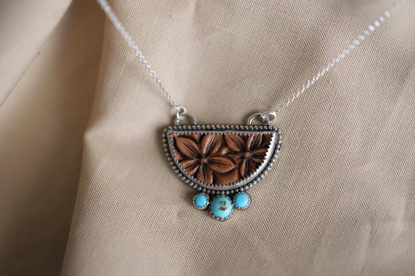 Silver Set Leather Tooled Necklace with Turquoise