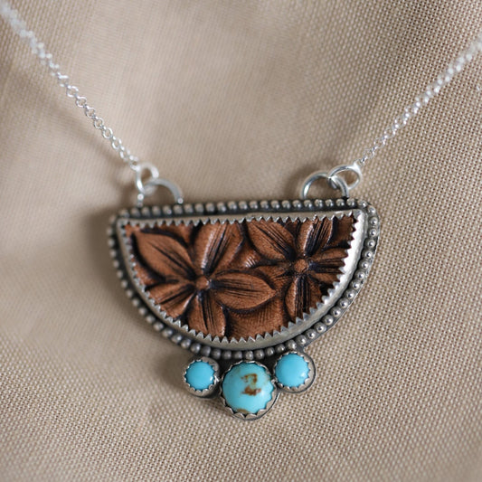 Silver Set Leather Tooled Necklace with Turquoise