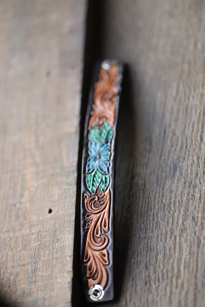 Reservable Blue Flower Leather Cuff Bracelet