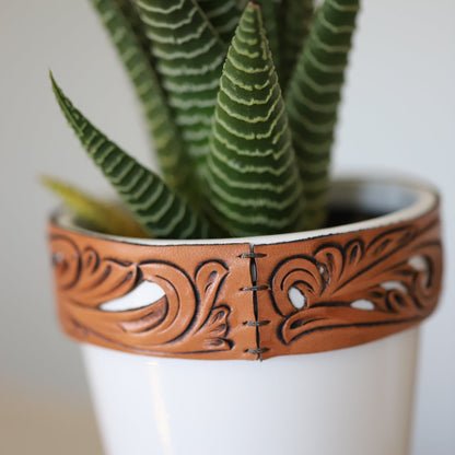 Ceramic Planter Pot with Leather Tooled Wrap